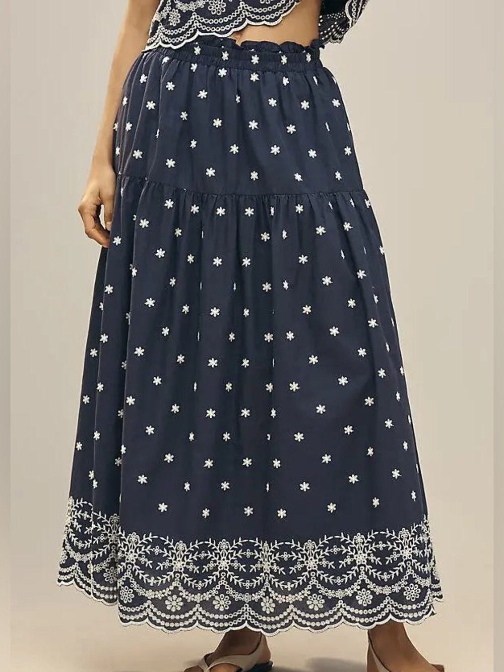 New En Saison Nara 100% cotton scalloped edge Embroidered Tiered Maxi Skirt L - Picture 2 of 4